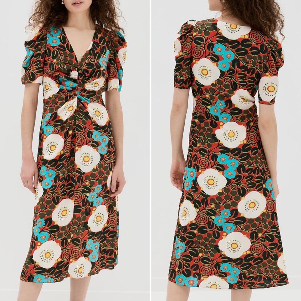 NWT Rhode Maci Floral Print Midi Dress Orange Black Cream Blue, Size 0